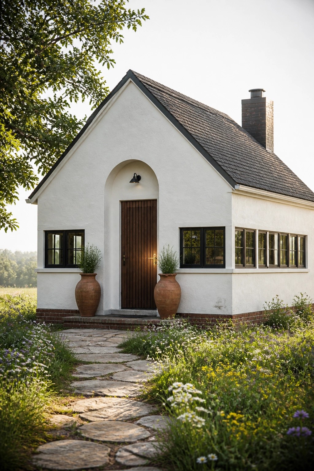A small white house with a dark gabled roof and chimney has an arched entry with a wooden door, black-framed windows, two large terracotta pots, and a stone path leading through a garden.