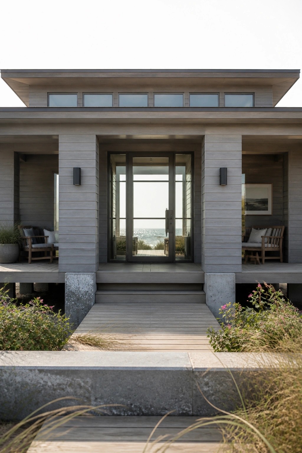 Front view of a modern house exterior with gray horizontal siding, a central glass double door entry flanked by concrete pillars, side porches with wooden seating, and concrete steps leading up through landscaping.