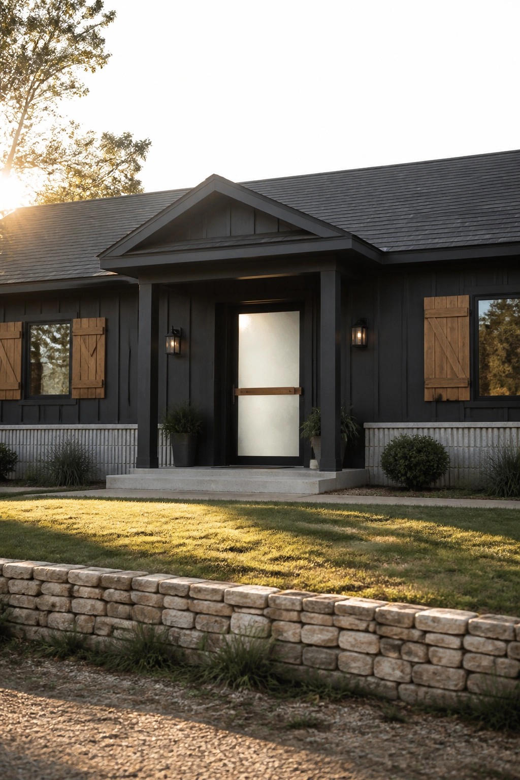 Front view of a dark gray house with a gabled entry porch, frosted glass door, and wood shutters on the side windows.