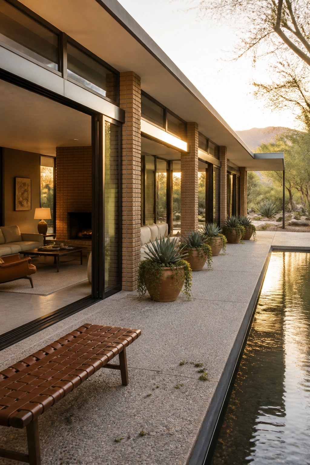 A modern house with large sliding doors opening onto a long covered concrete patio lined with potted plants next to a narrow pool, and a woven leather bench in the foreground.