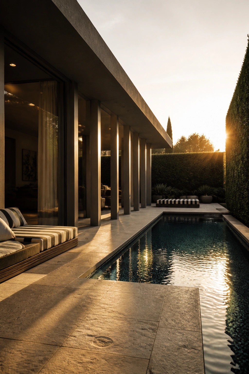 A modern concrete house with a long covered walkway supported by columns runs alongside a rectangular pool at sunset.