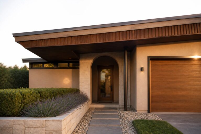 A modern house exterior featuring an arched entry door with a stone surround, a gravel path of rectangular pavers, and low shrubs along the front.