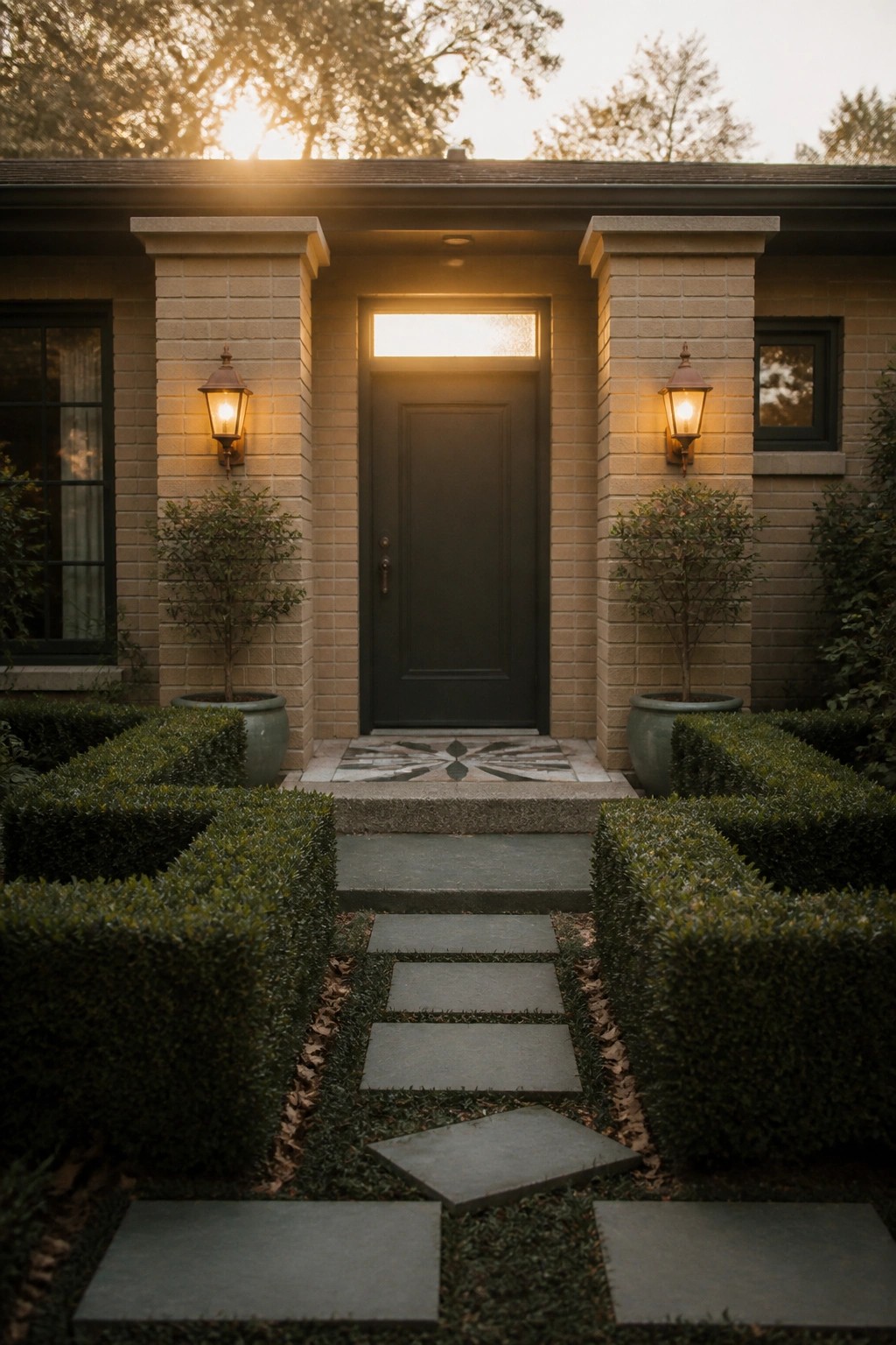 Brick house entrance with dark door, lit lanterns, potted shrubs, and stone path at dusk