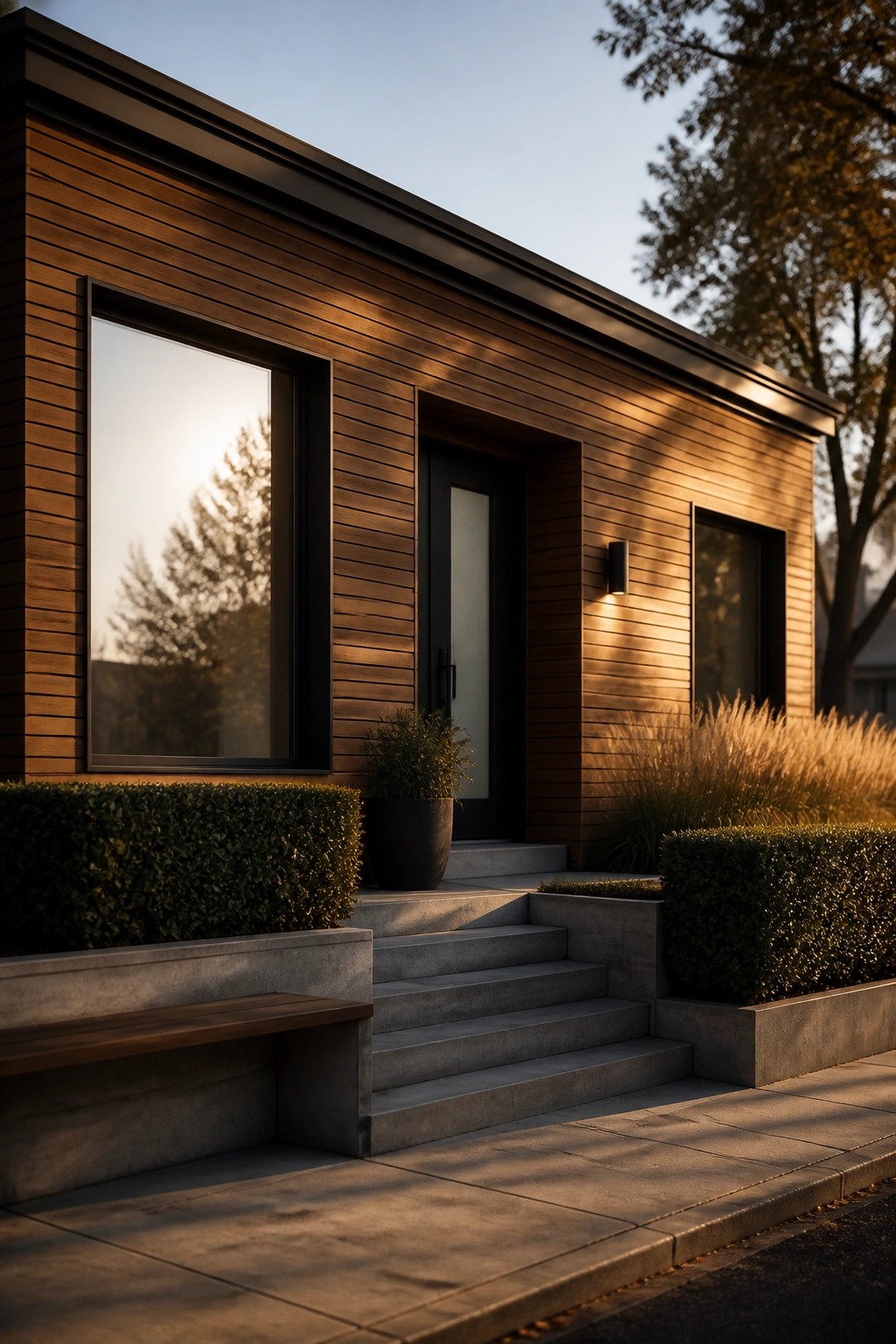 Front view of a single-story modern house with horizontal wood siding, black door and window frames, concrete stairs, and low planters with shrubs.
