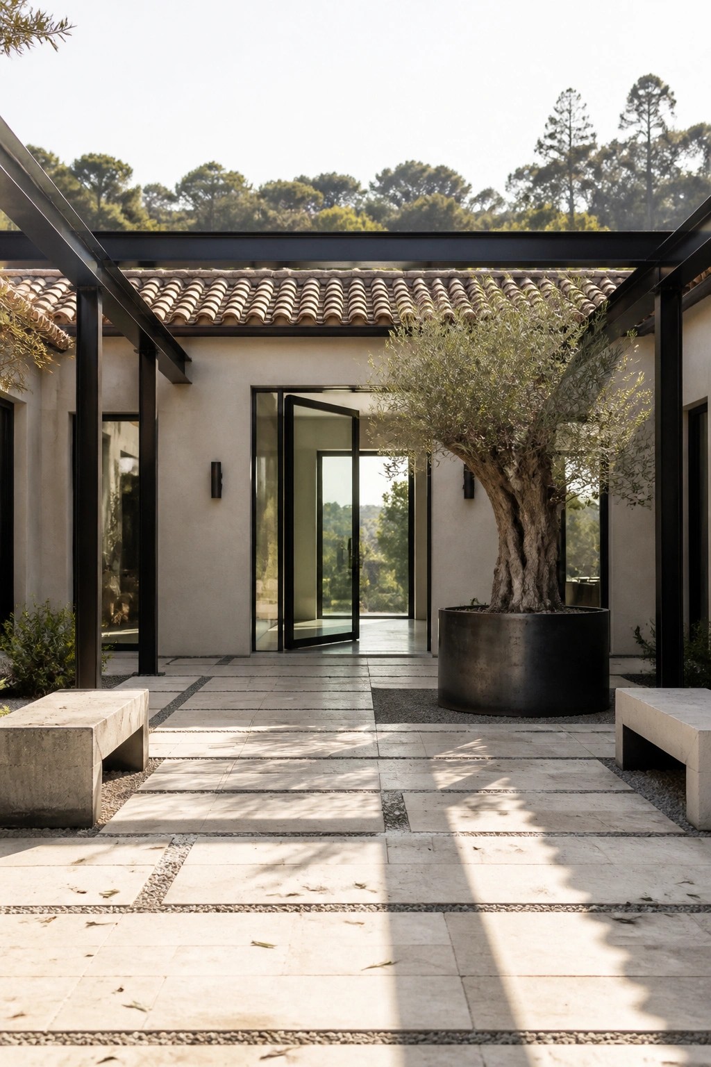 A modern courtyard features large stone pavers, a tall olive tree in a wide black planter, two concrete benches, and open black-framed glass doors on a house with a terracotta tile roof.