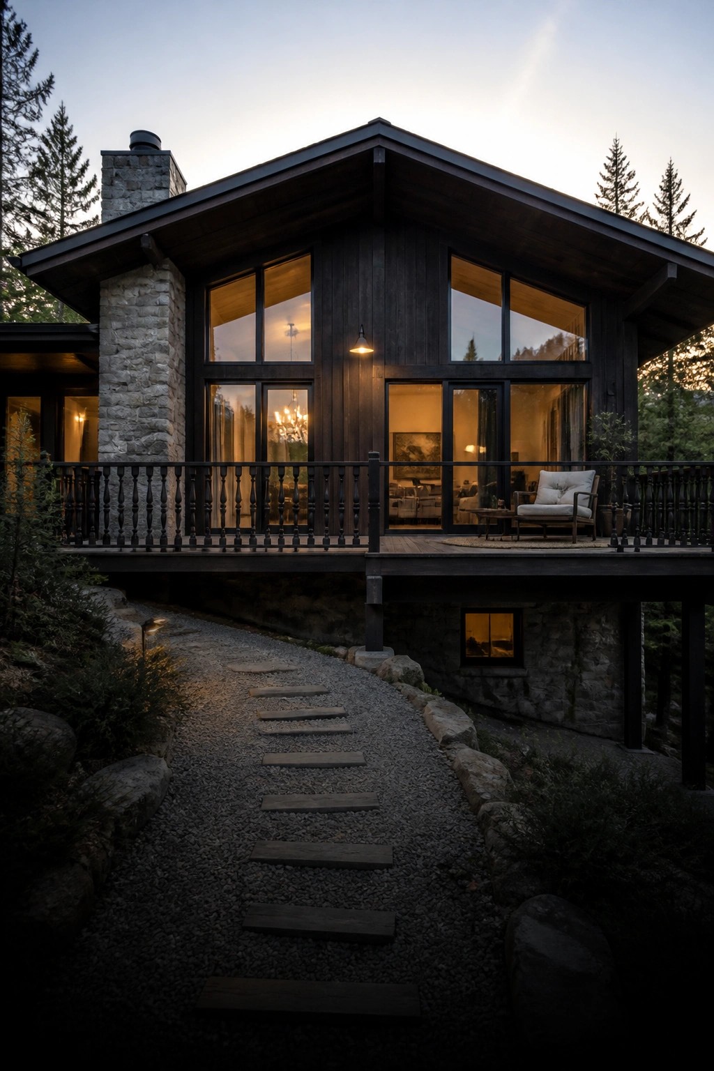 A two-story house with dark wood siding, a stone chimney, large windows, and a wooden deck above a gravel path with stepping stones, set among trees at dusk.