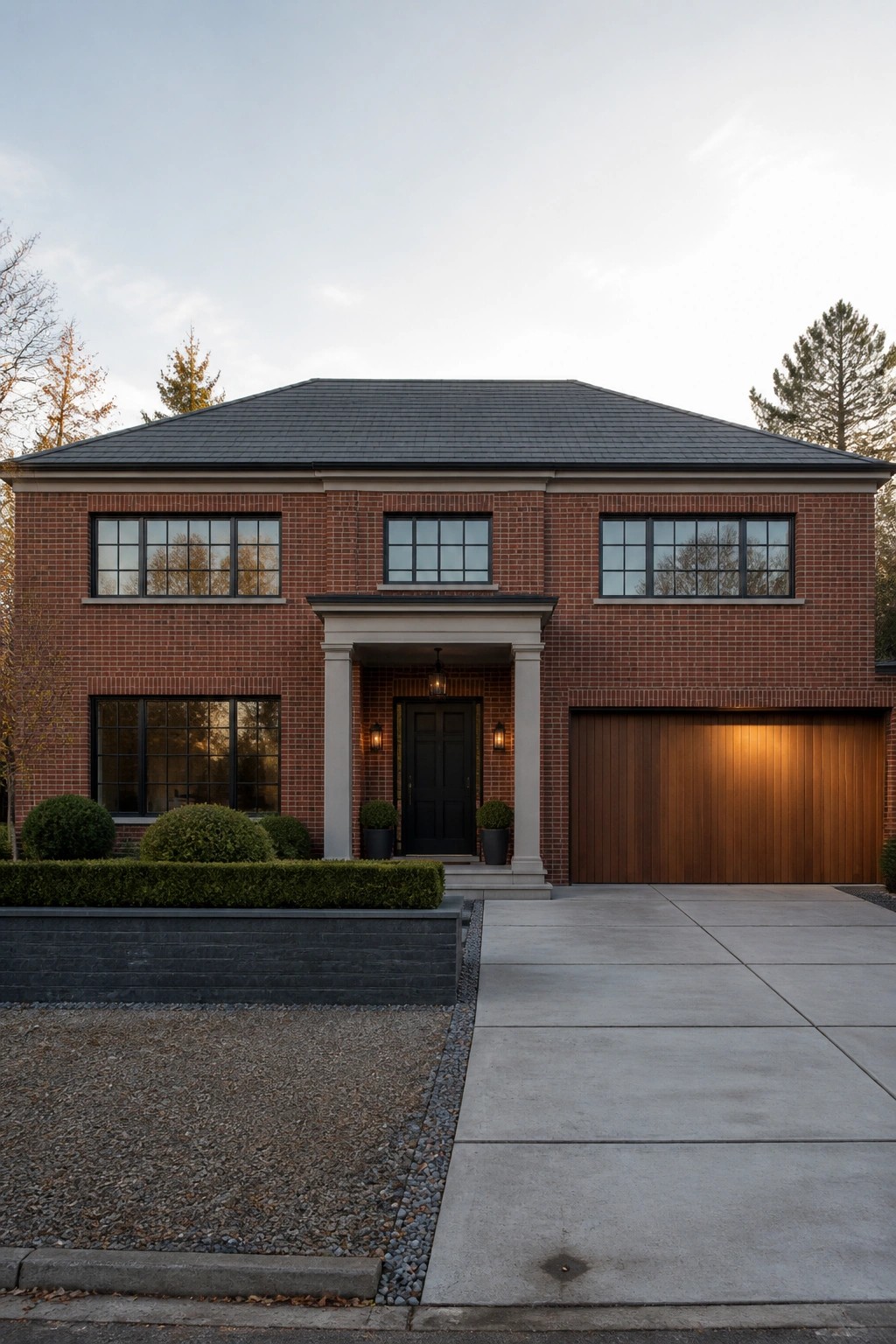 A two-story red brick house with a central white columned portico, black front door, grid windows, and a wooden garage door on the right side.