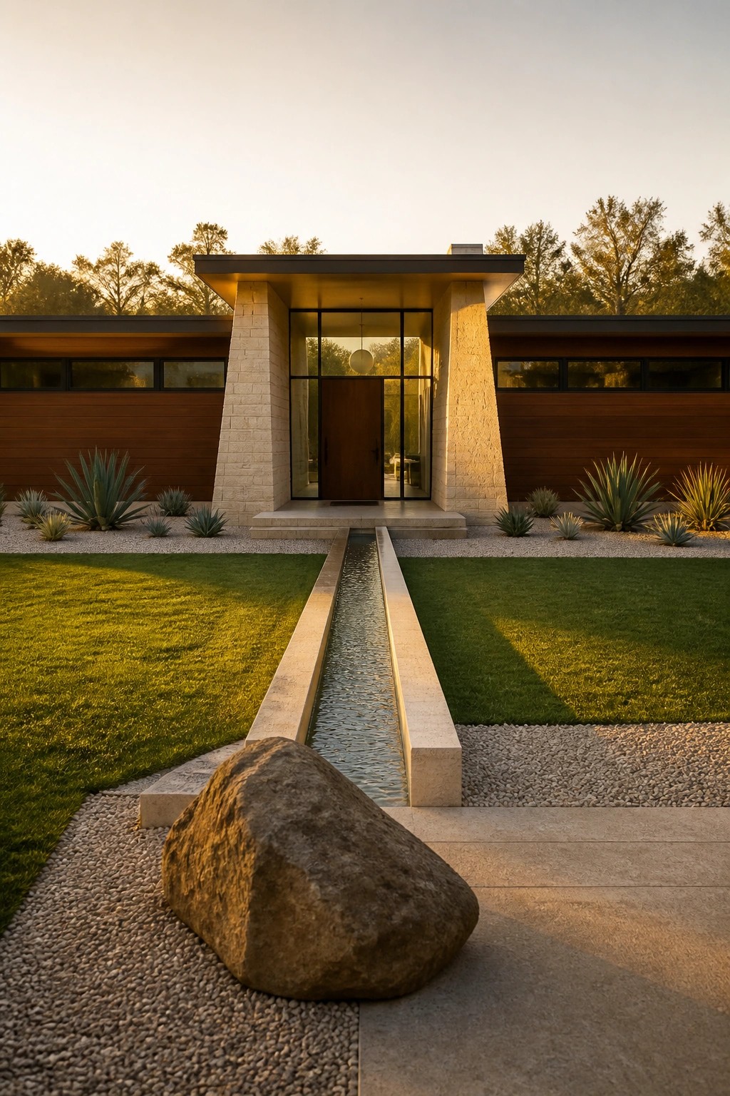 A mid-century modern house with stone pillars framing a wood and glass entry, a long narrow water channel running down the center of the gravel path toward the door, and a large rock in the foreground.