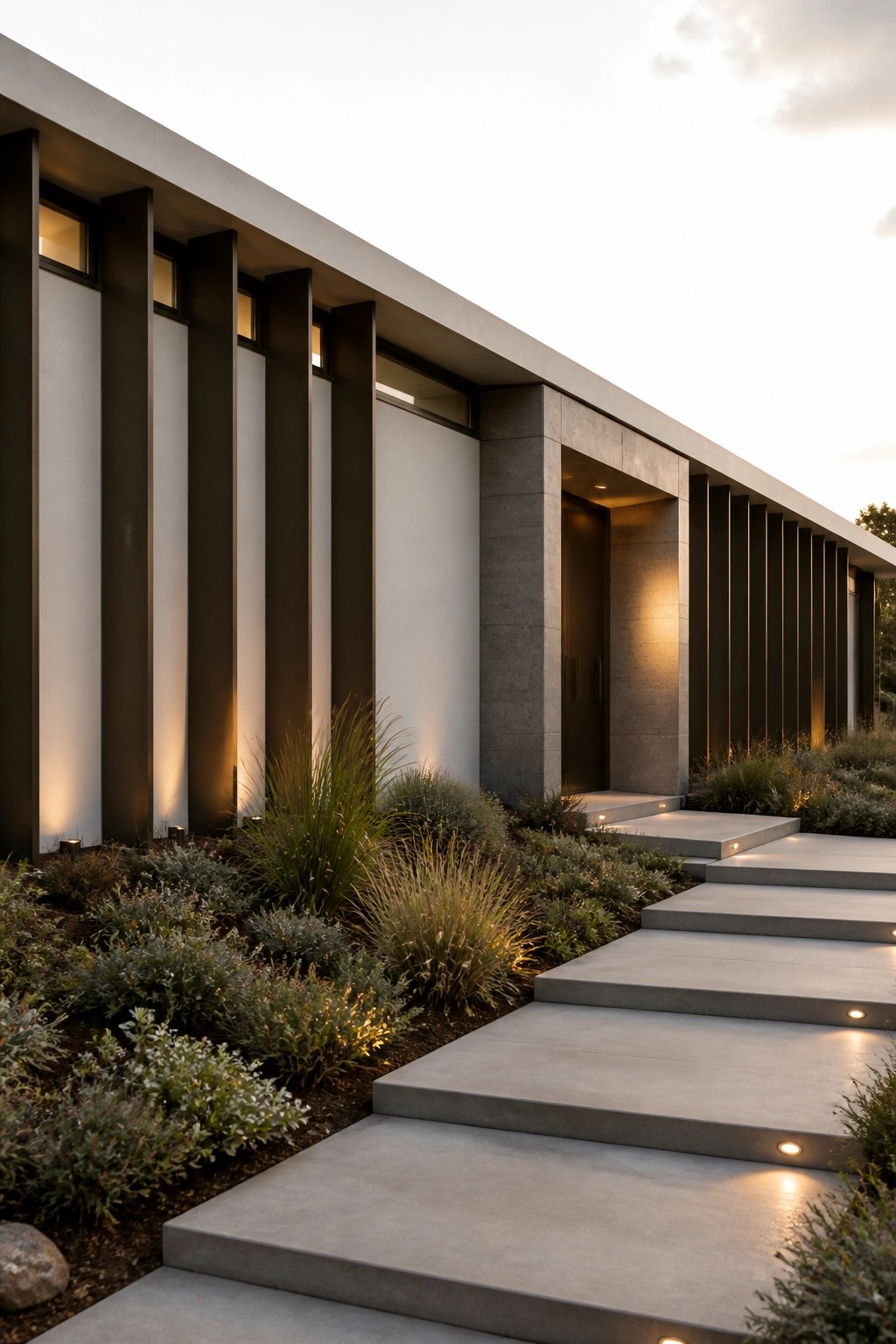 Modern house exterior with light walls, dark vertical fins, concrete entry recess, and concrete steps with small landscape beds.