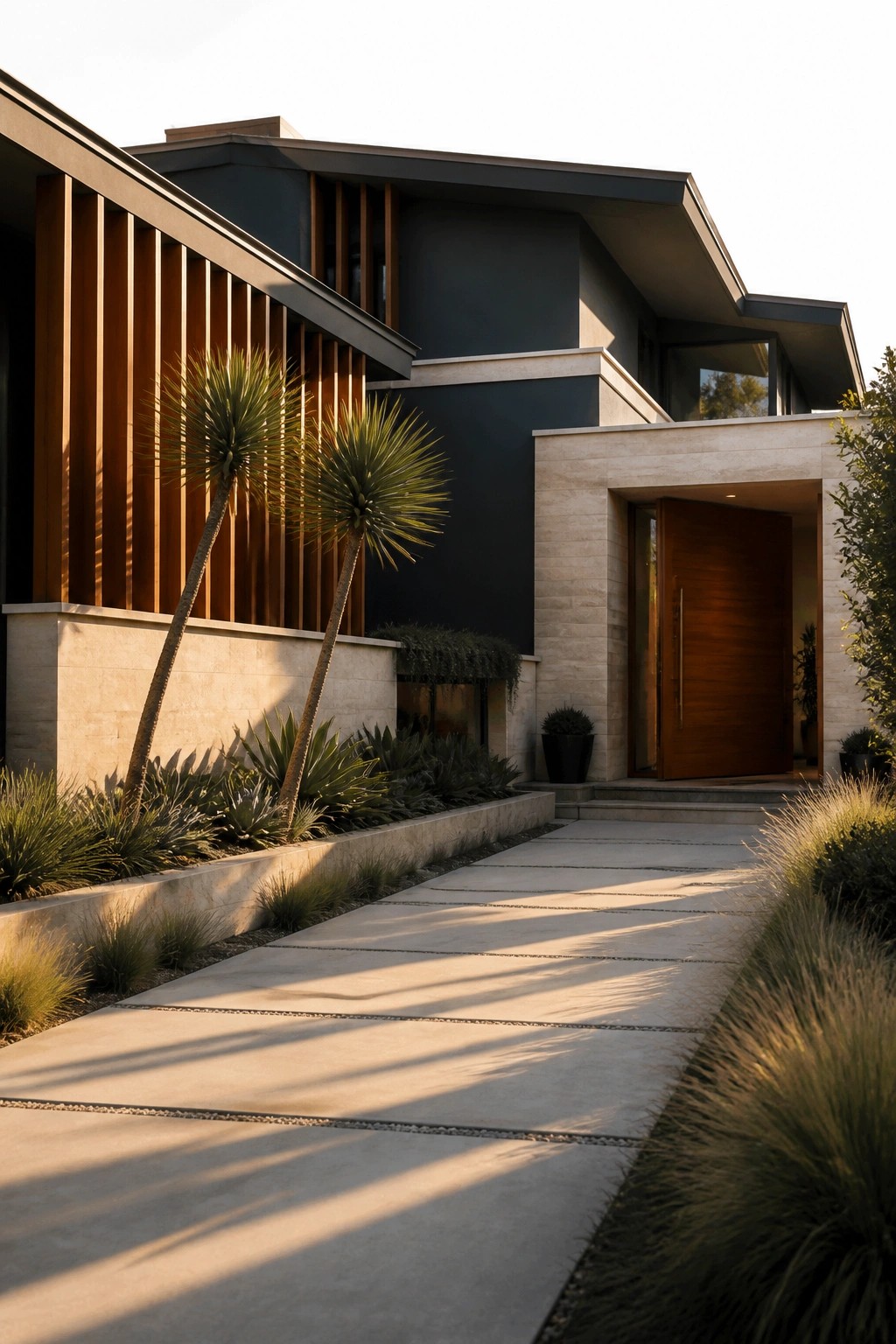 A modern house exterior with vertical wood slats on the left side, a large wooden door set in a stone frame, and a concrete walkway bordered by grasses and plants.