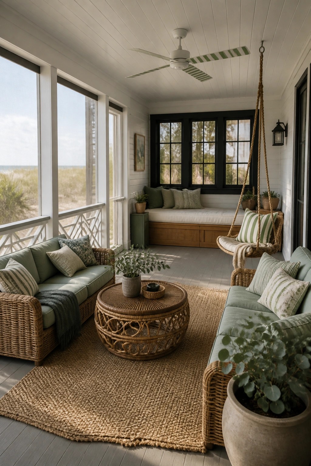 A covered beach house porch with wicker sofas, a hanging rope swing, a round rattan coffee table on a jute rug, and large windows overlooking dunes and water.