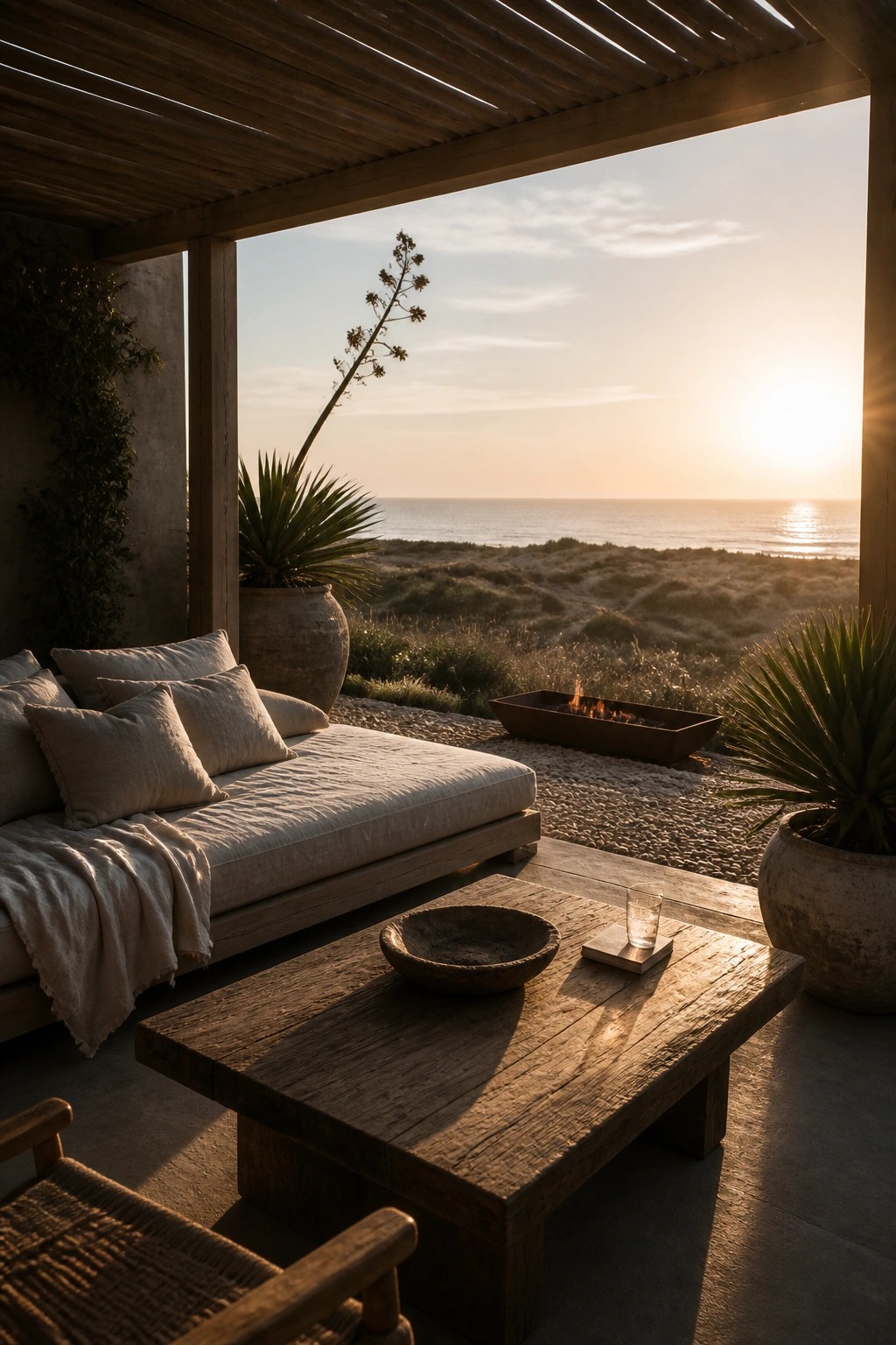 Coastal patio at sunset with linen daybed, wooden table, fire pit, and ocean view.