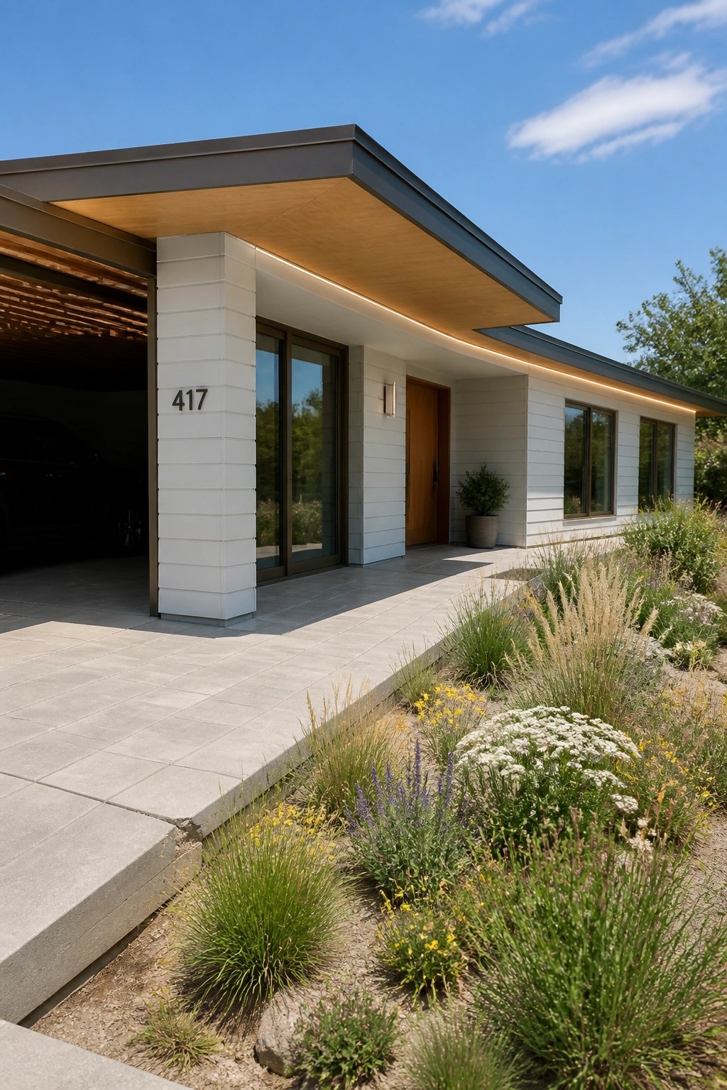 Modern white house with flat roof, garage 417, wooden door, and wildflower garden.