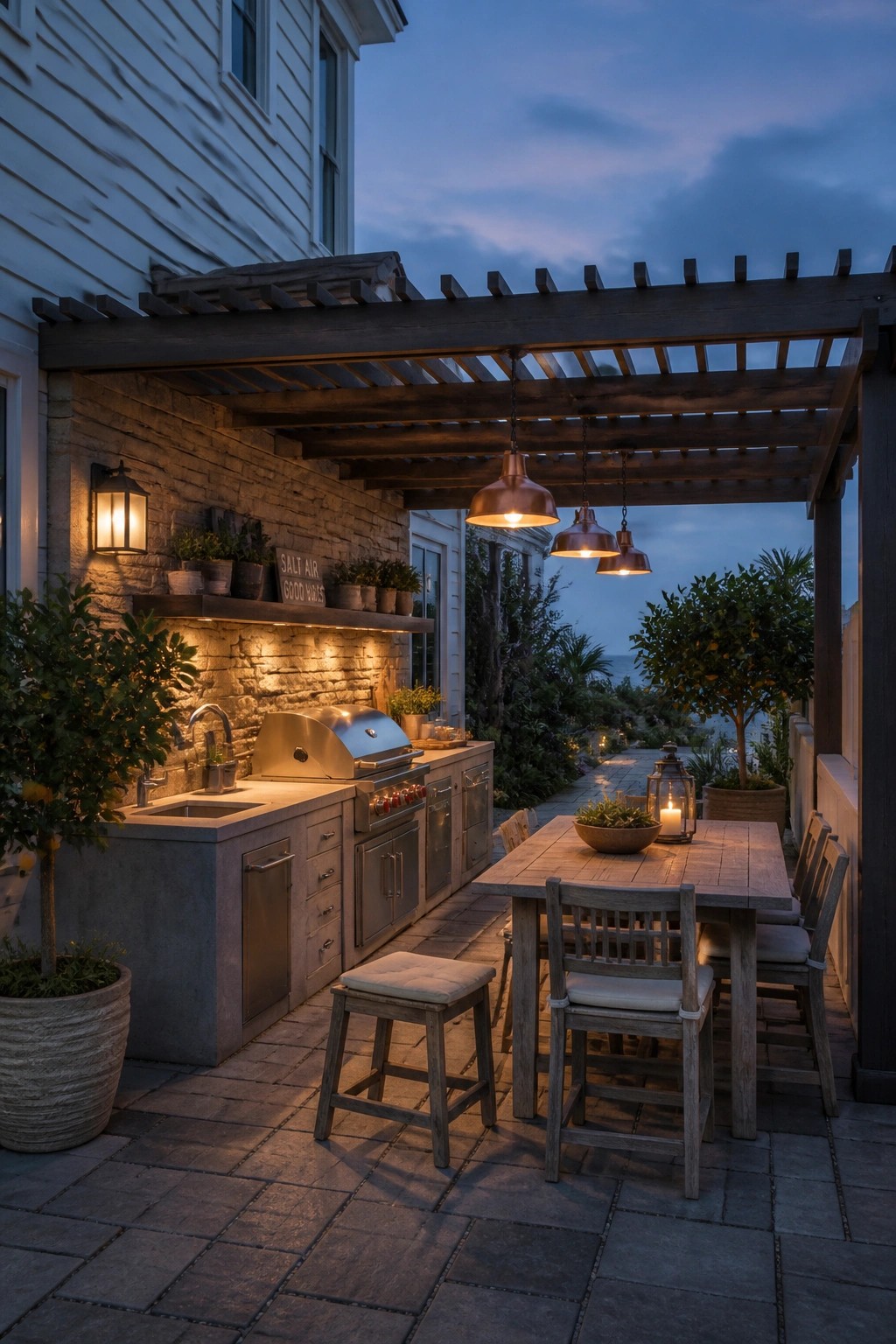 An outdoor kitchen with a built-in grill and sink is positioned under a wooden pergola next to a dining table and chairs on a stone patio.