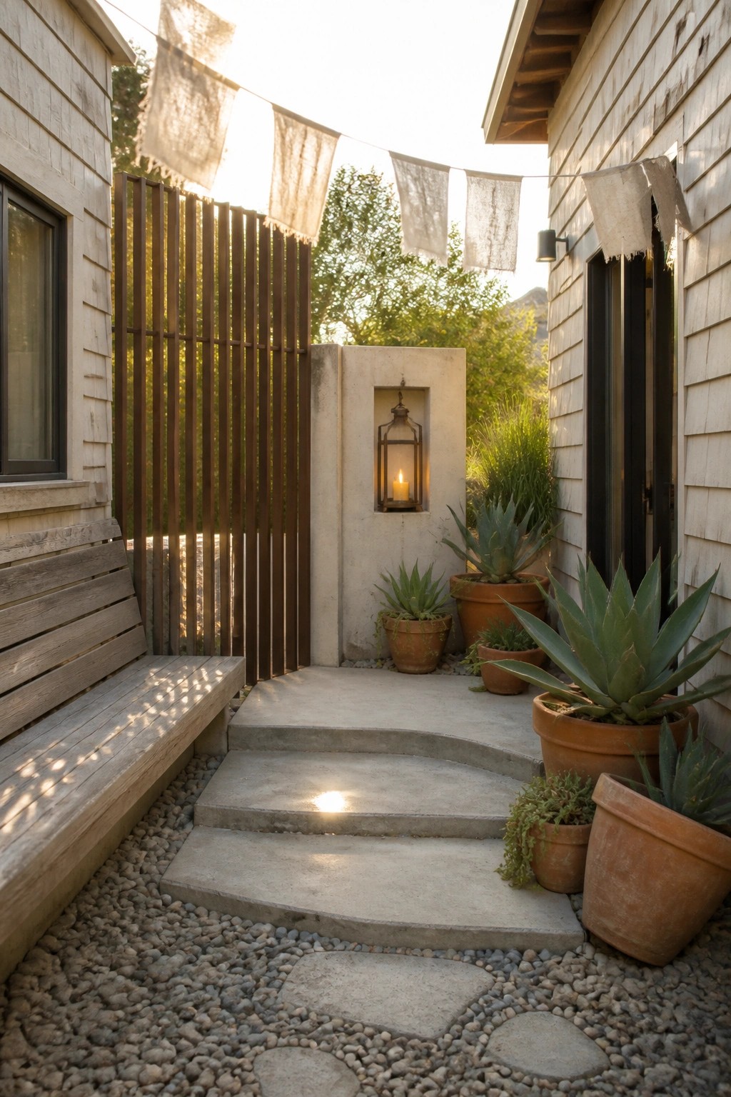 Rustic courtyard with potted agaves, concrete steps, wooden bench, and fabric banners.