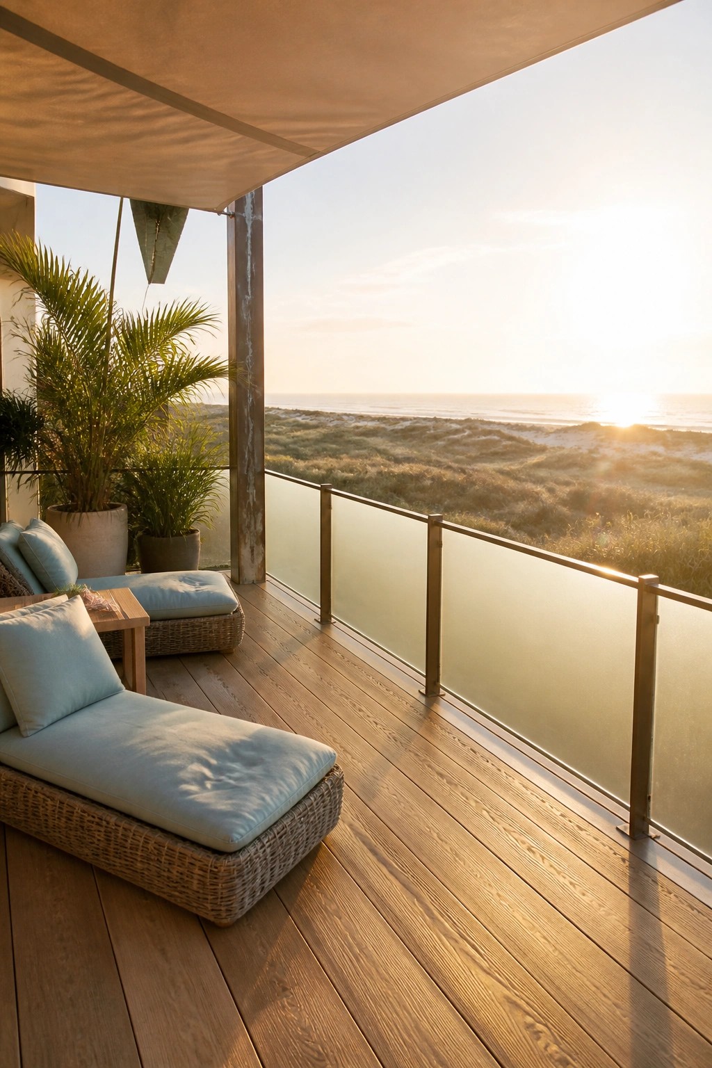 A wooden balcony deck with light blue lounge chairs, potted plants, and a frosted glass railing overlooks sand dunes and the ocean at sunset.