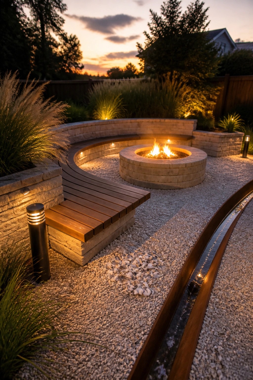A circular stone fire pit with active flames is surrounded by a curved wooden bench built into stone walls on a gravel surface, with pathway lighting and ornamental grasses nearby at dusk.