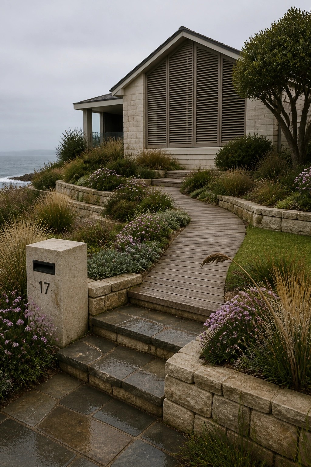 Modern coastal home with winding wooden path, stone walls, gardens, and ocean view.