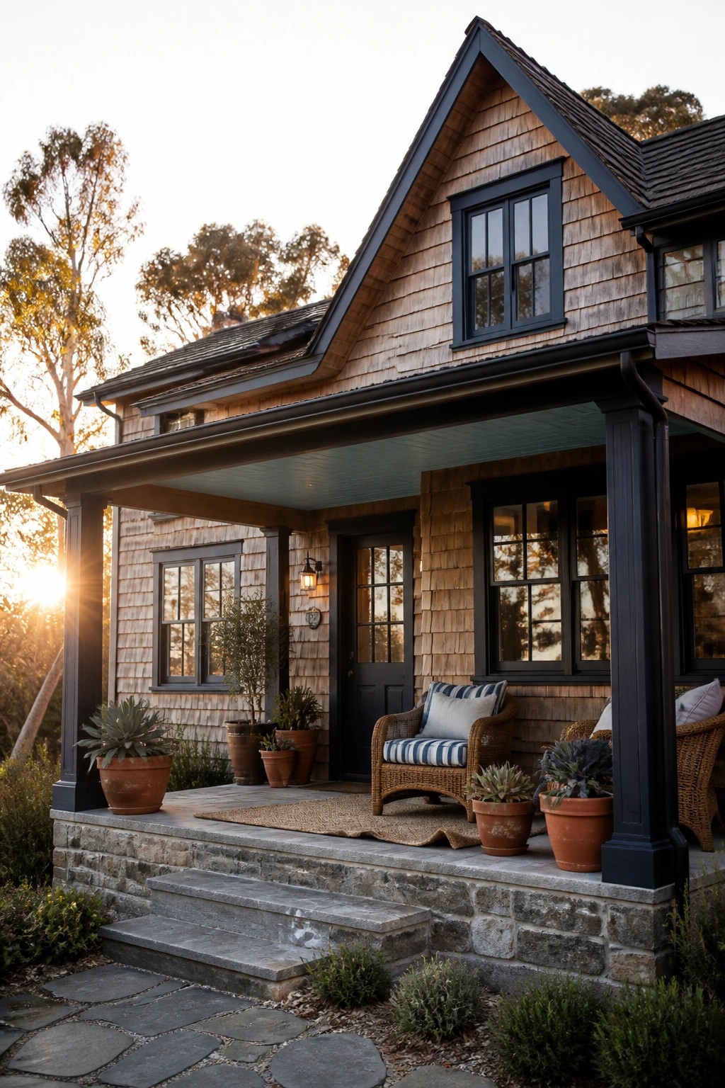 A front view of a shingled beach house with black trim on the windows, a covered porch, potted plants, and stone steps.