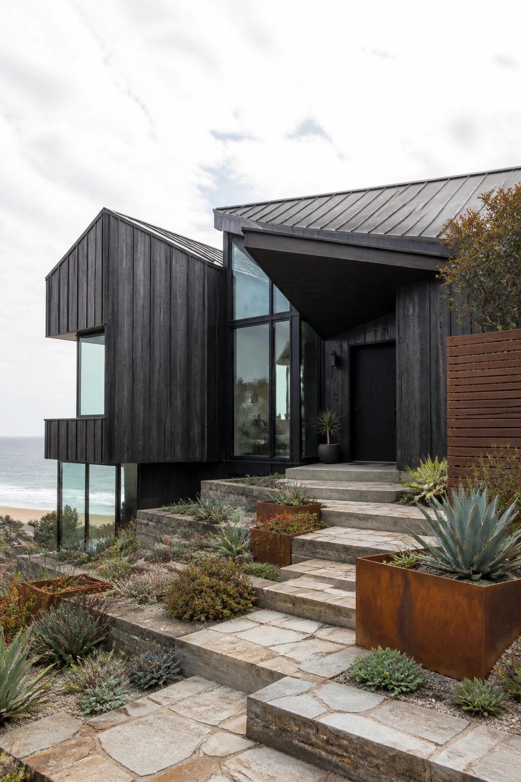 Modern beach house with black vertical wood siding, large windows, metal roof, and stone steps with rusted planters leading to the entrance.