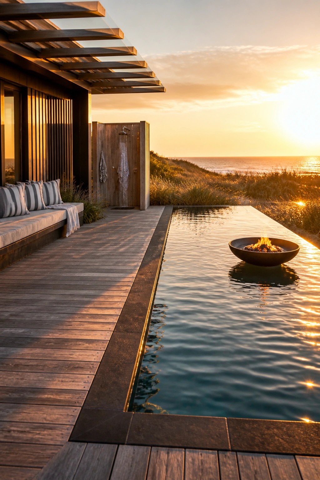 A long narrow pool with a dark fire bowl floating on the surface, next to a wooden deck with an outdoor daybed and shower structure, overlooking the ocean at sunset.