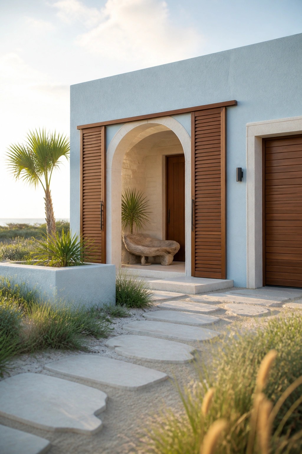 A light blue stucco beach house with an arched entry flanked by brown wooden louvered shutters, a stone pathway leading to the door, and coastal plants in the foreground.