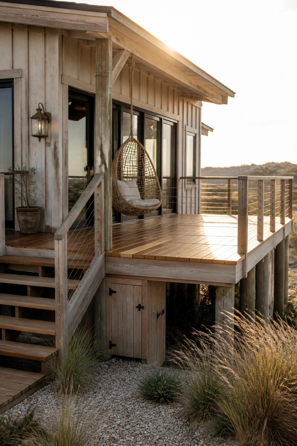 A light wood beach house exterior with an elevated deck, a hanging woven chair suspended from the ceiling, cable railings, wooden stairs, and gravel landscaping with grasses.