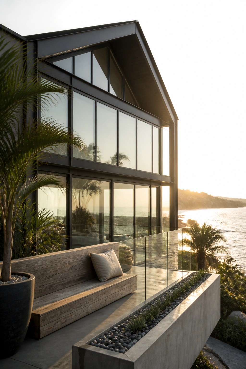 Modern beach house exterior with large glass windows, a wooden bench on the concrete terrace, and a long concrete planter with pebbles beside a glass railing overlooking the ocean.