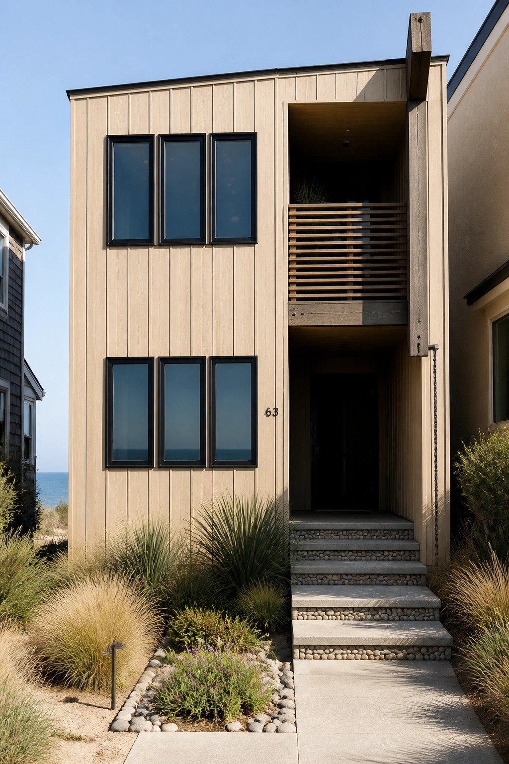 Modern beach house exterior with light vertical wood siding, grouped black-framed windows, and a recessed entry with concrete steps.