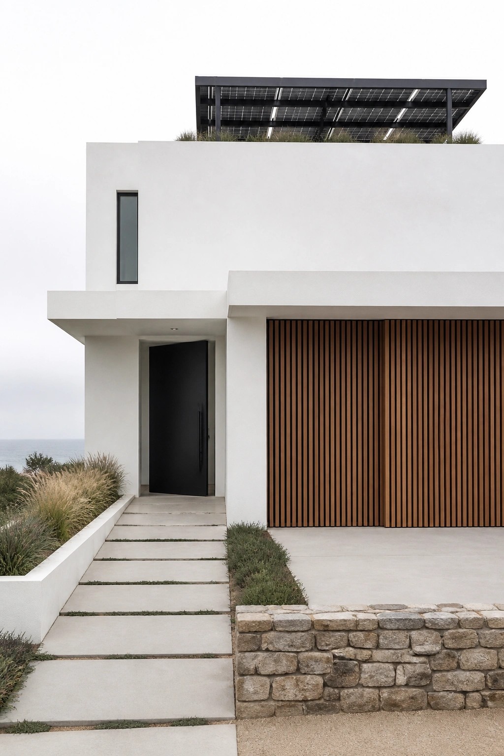 A modern white beach house exterior with a black front door, vertical wood slat garage door, concrete pathway, and low stone retaining wall.
