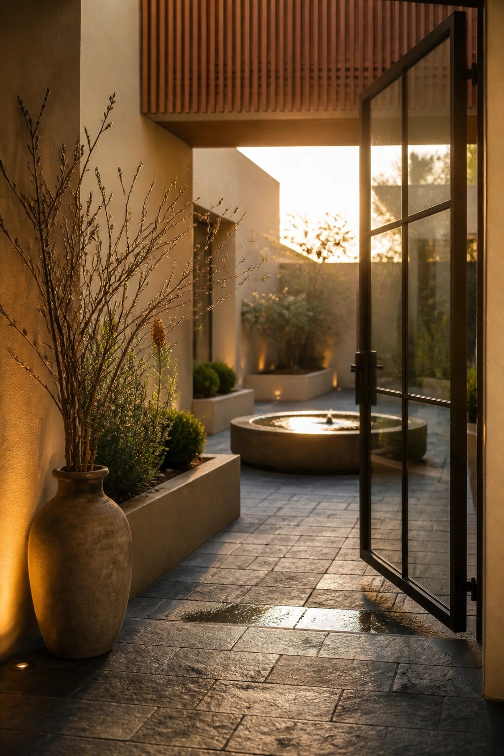 An open black-framed glass door reveals a stone-paved courtyard with a circular concrete fountain, large planters, and a tall vase holding branches against a stucco wall at sunset.