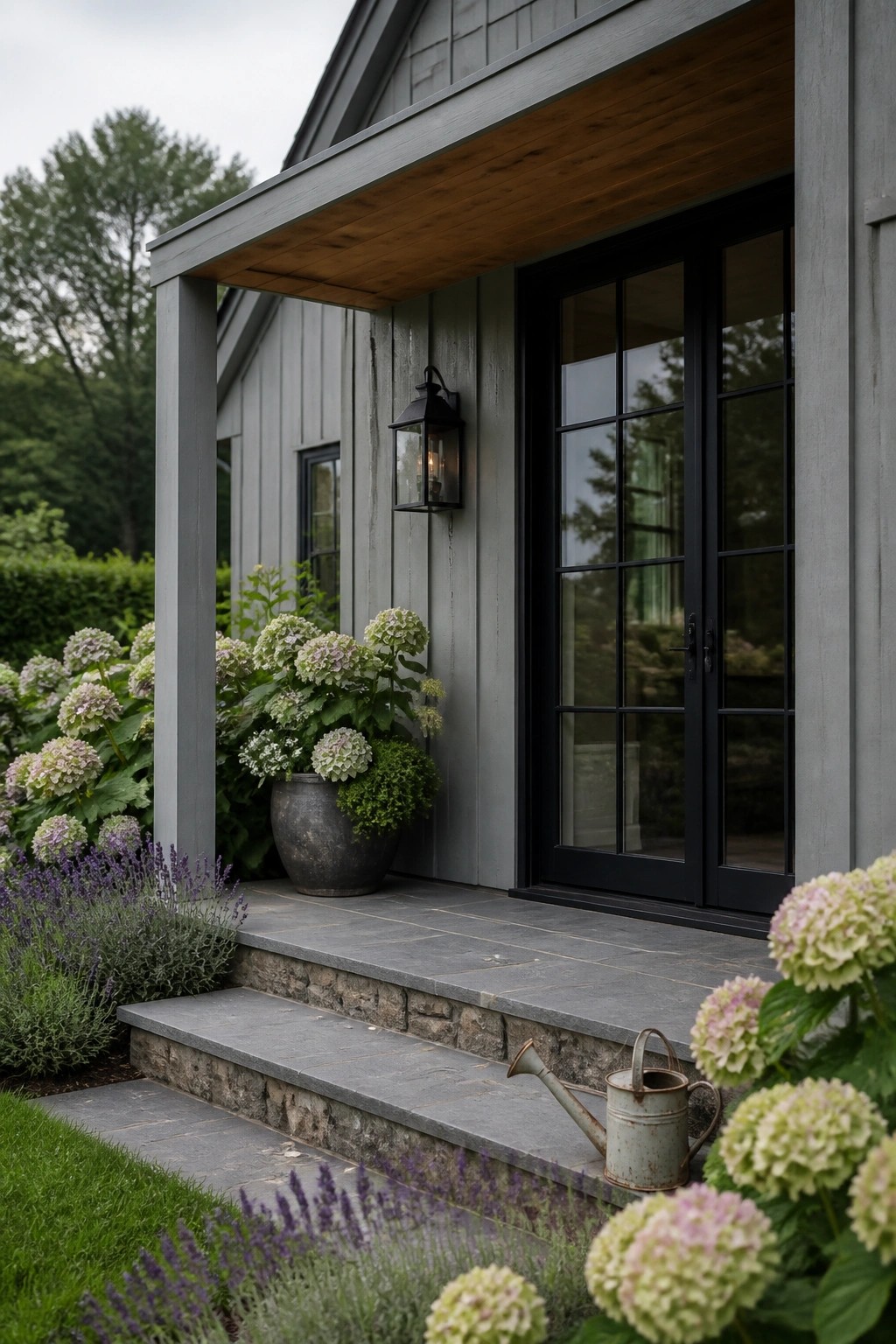 A modern gray house exterior with a covered porch featuring a wooden ceiling, black-framed glass doors, stone steps, and large potted hydrangeas.