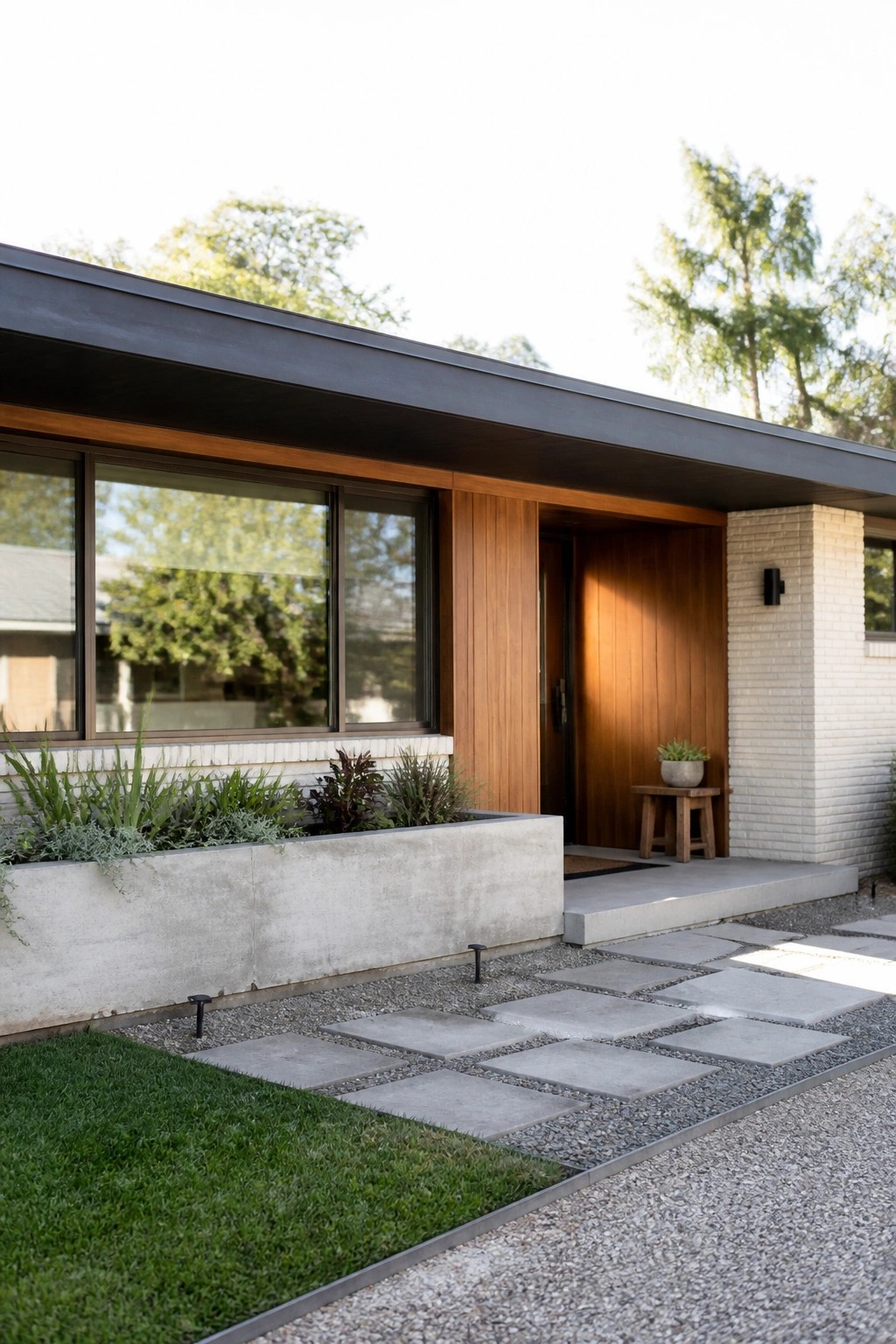 Modern home entrance with wooden door, windows, concrete planter, and stone pathway.