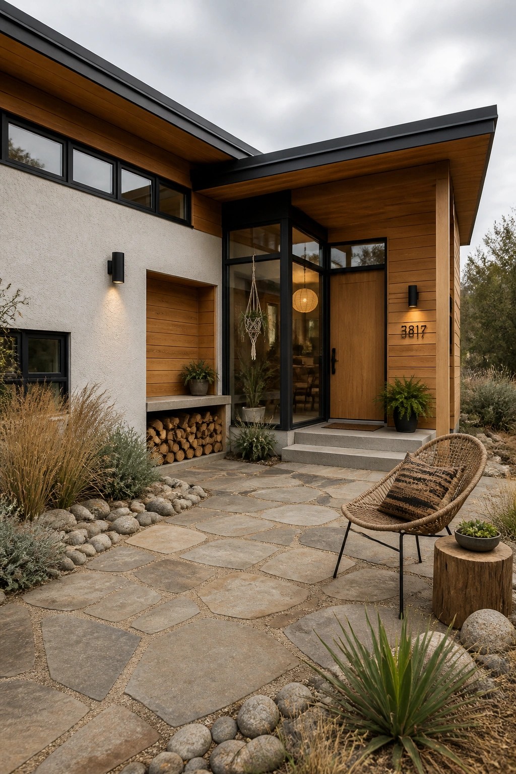 Modern house exterior with stucco walls, horizontal wood siding, black window frames, a wooden front door, and a stone pathway.
