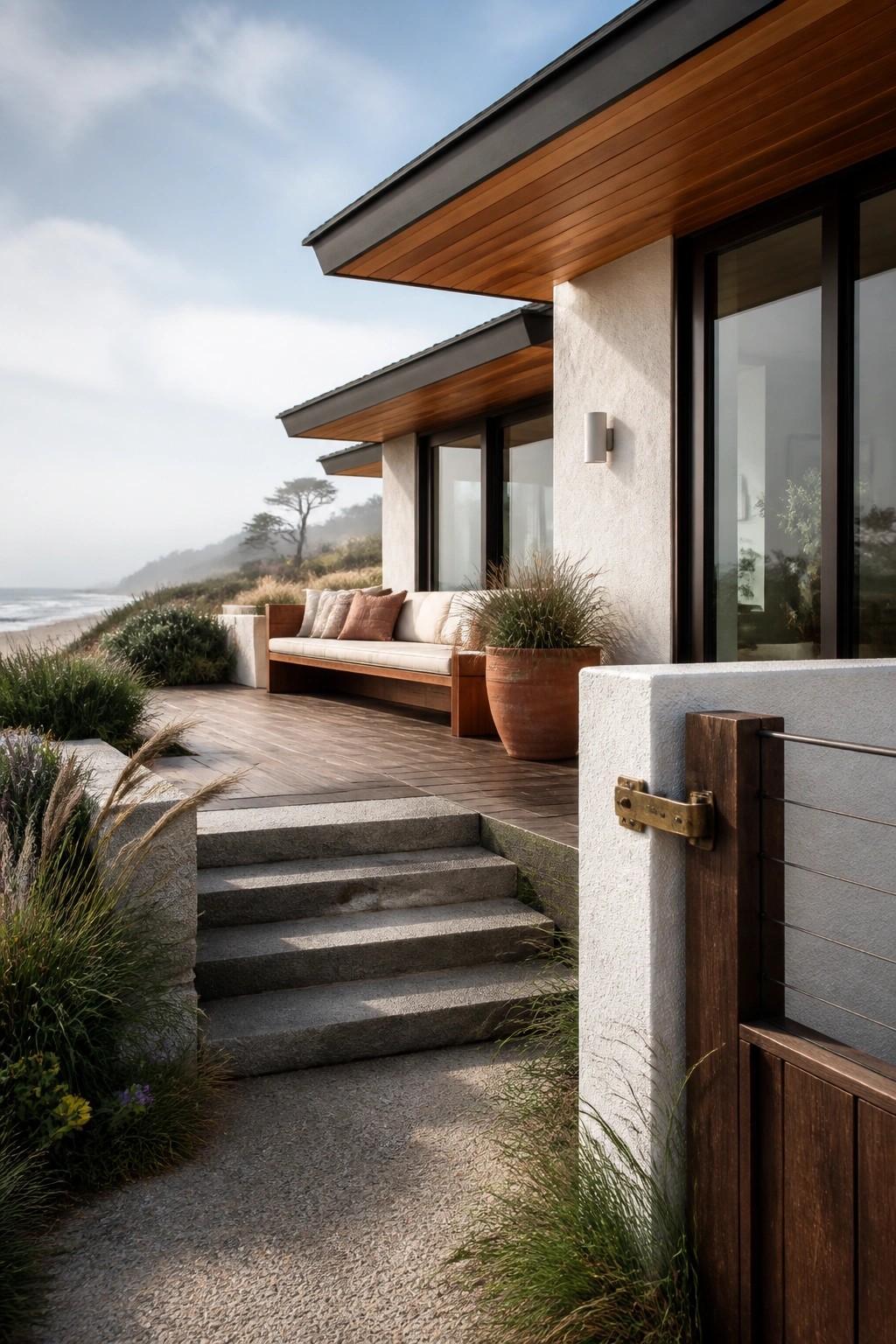 Modern beach house deck with wooden bench, stairs, potted plant, and ocean view
