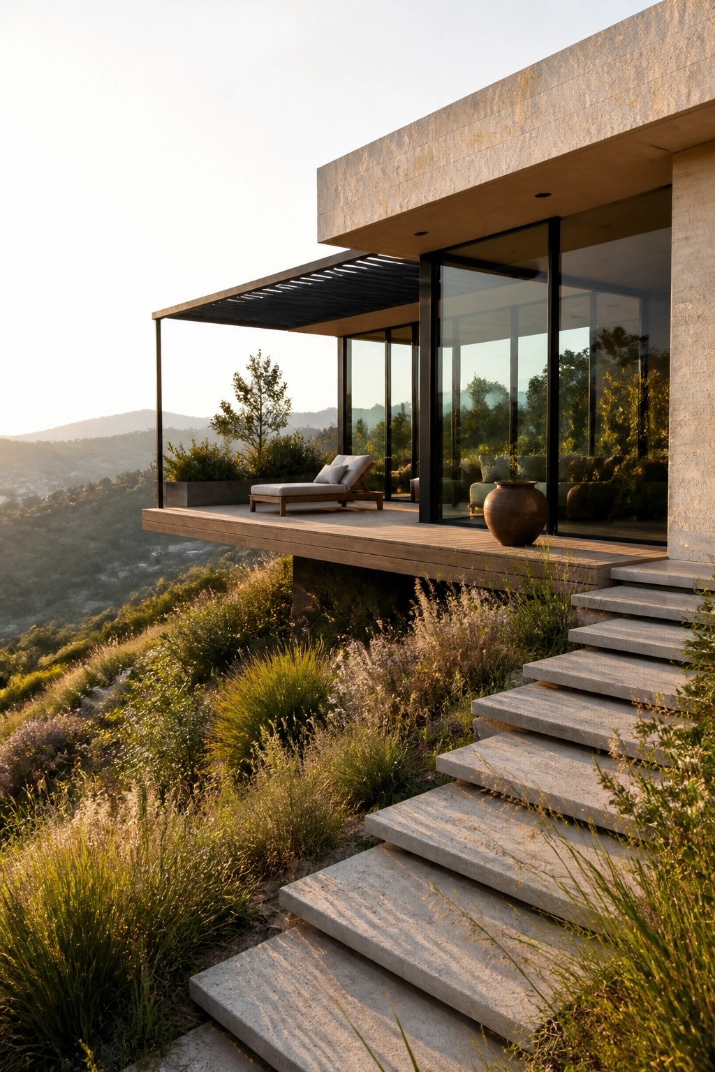 Modern house with a large cantilevered wooden deck extending over a hillside, glass walls, concrete steps, and a single lounge chair on the deck.