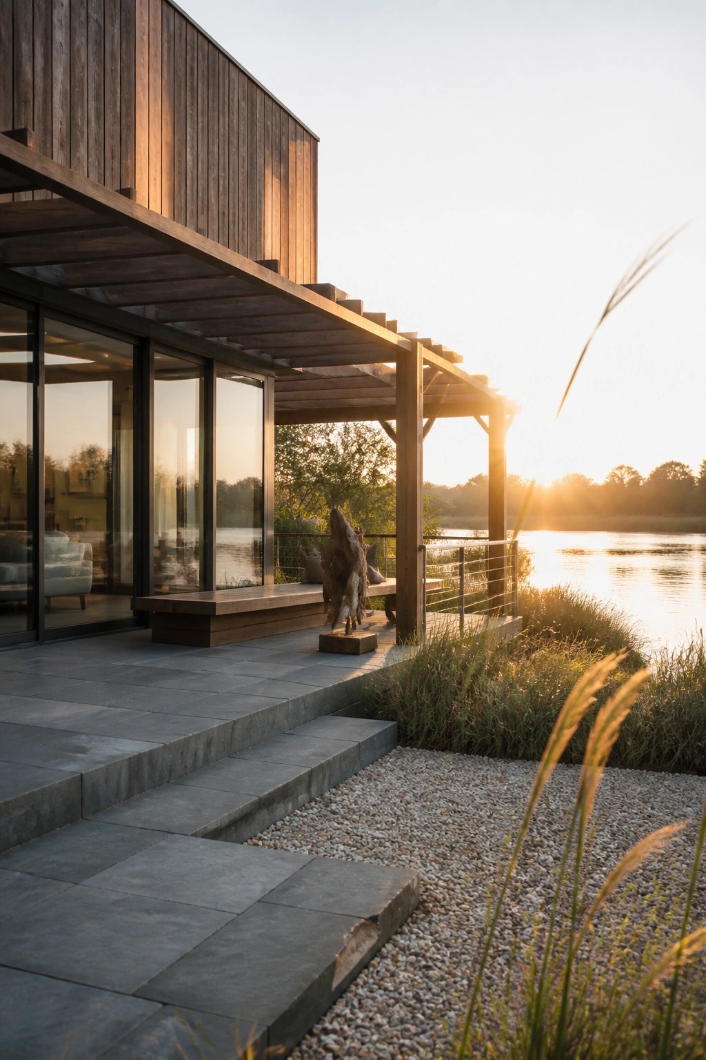 Modern wood-clad house with large glass doors opening onto a stone patio and covered wooden deck overlooking a body of water at sunset.