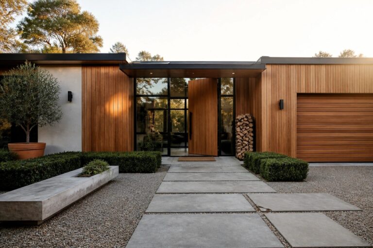 16 Modern Exterior House Designs That Balance Warmth and Clean Architecture Modern home entrance with wooden door, concrete path, potted tree, and firewood at sunset.
