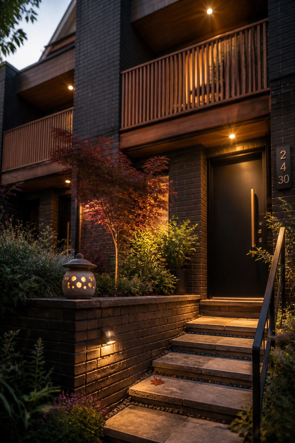 A modern dark brick house at dusk with stone steps leading to a black front door, a wooden balcony above, warm step lights along the brick wall, and a glowing lantern on the low wall beside the stairs.