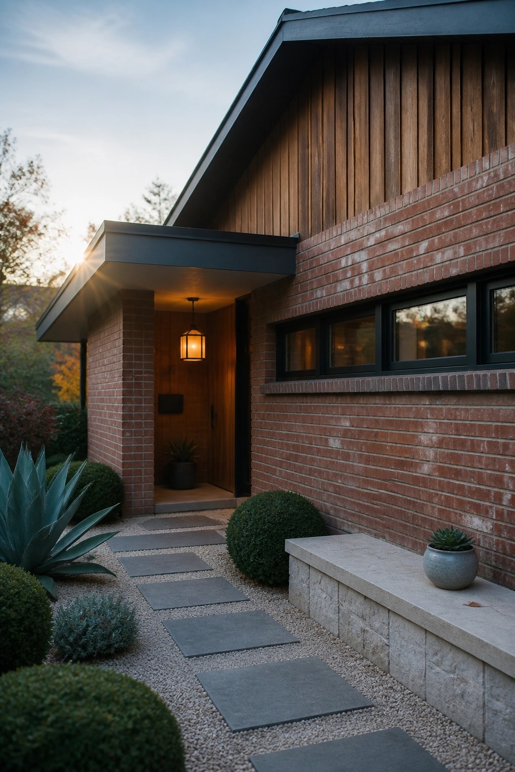 A modern house exterior with red brick walls, vertical wood siding on the upper section, a recessed wooden entry door under a flat overhang, and a gravel path of rectangular stepping stones lined with shrubs.