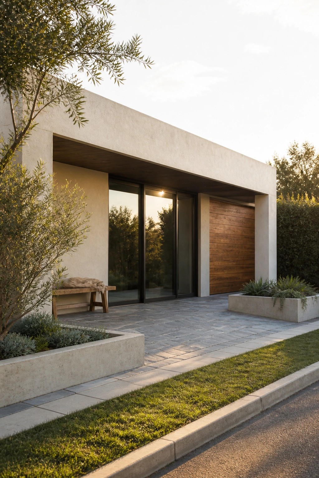 Modern concrete house with glass doors, wooden garage, stone patio, and concrete planters at sunset.