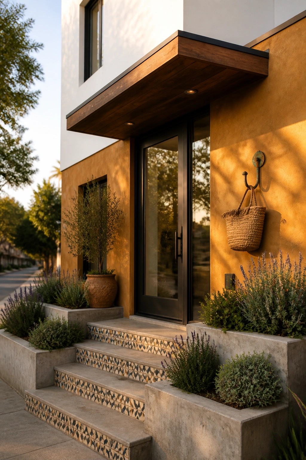 A modern house entrance features concrete steps with patterned tile risers, a black-framed glass door beneath a wooden overhang, and terracotta planters with lavender against a warm stucco wall.