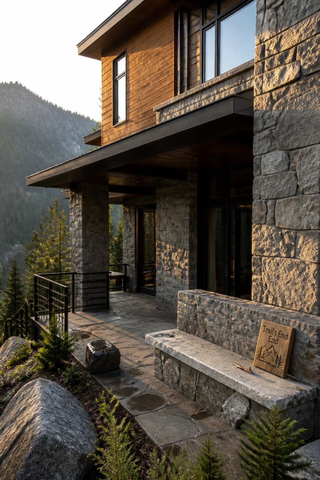 Modern house exterior with wood siding above and stacked stone walls below, showing a covered entry with stone bench and mountain view.