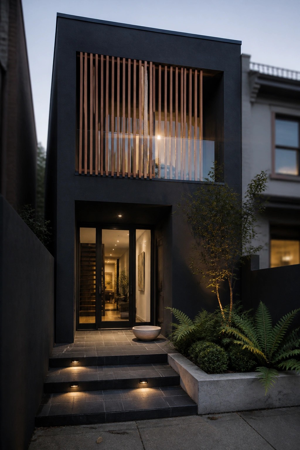 Modern two-story black house with vertical wood slats covering the upper facade and a recessed lit entry below.
