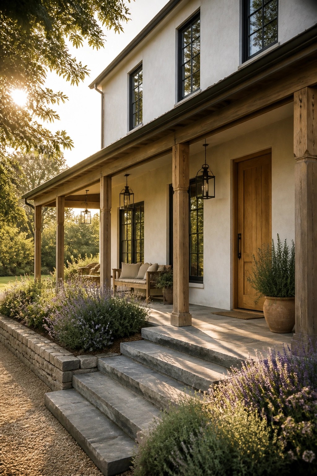 A two-story white stucco house with a wooden front door, wooden porch posts and beams, black-framed windows, gray stone steps, and lavender plants along the foundation.