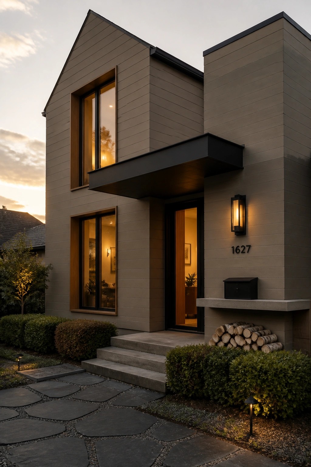 Modern two-story house exterior with gray horizontal siding, wood-framed windows, black entry canopy, and lit front door at dusk.