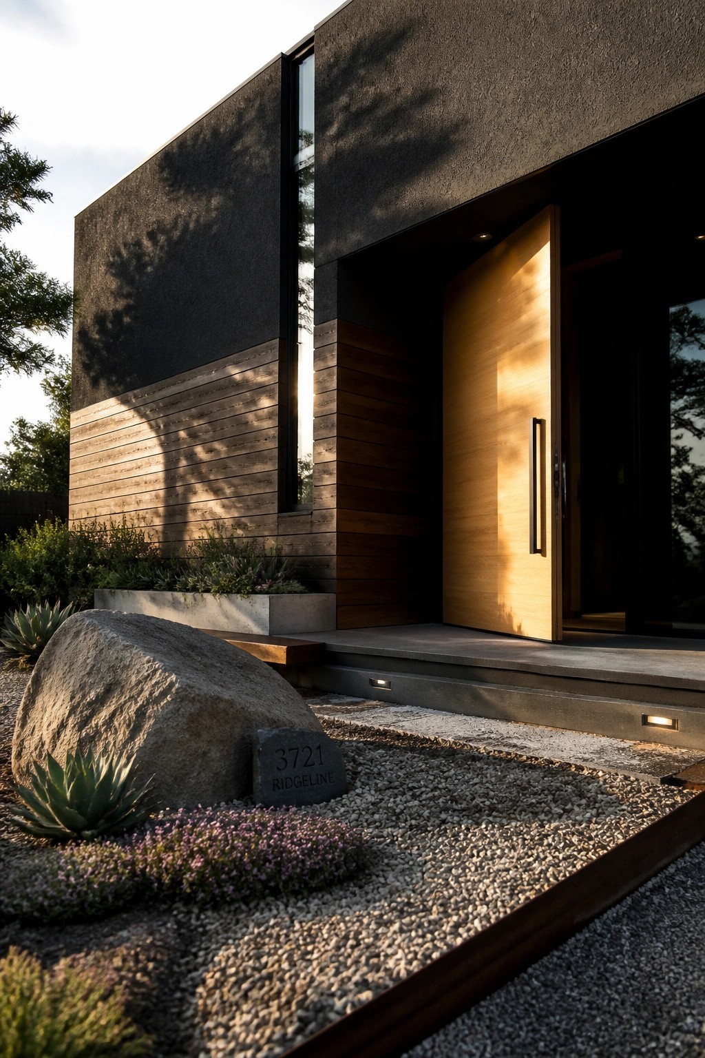 Modern house exterior with dark textured upper wall, horizontal wood siding, large light wood front door open, gravel landscaping, and a large rock with address plaque.