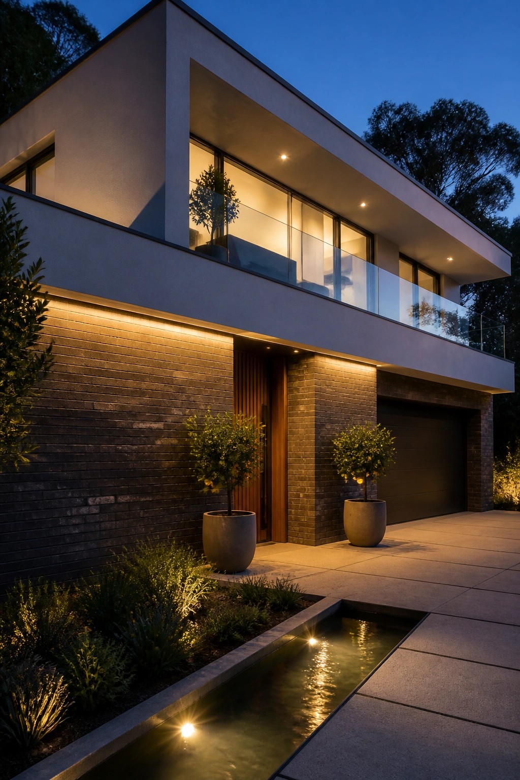 Modern two-story house exterior at dusk with layered concrete forms, horizontal overhangs, brick and wood accents, large windows, and warm under-lighting on the facade.