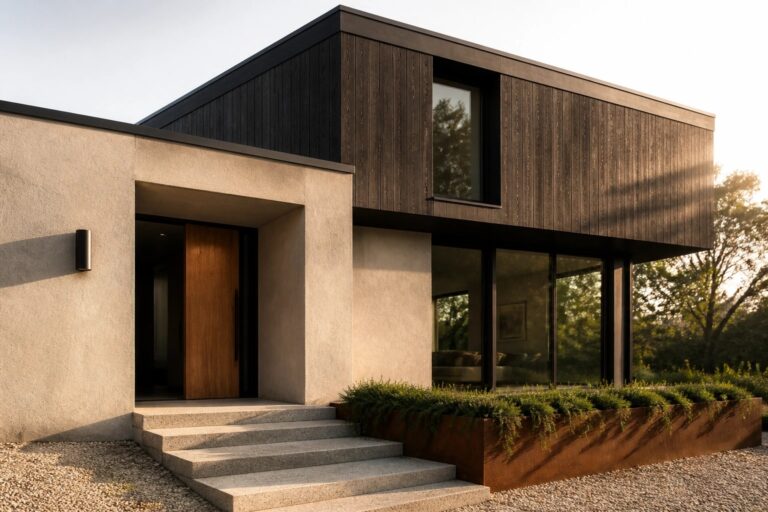 14 Modern Facade Design Ideas Using Layered Forms and Deep Shadow Lines Modern two-story house with dark wood upper level cantilevered over a concrete lower level, recessed windows, and concrete steps leading to a wooden entry door.