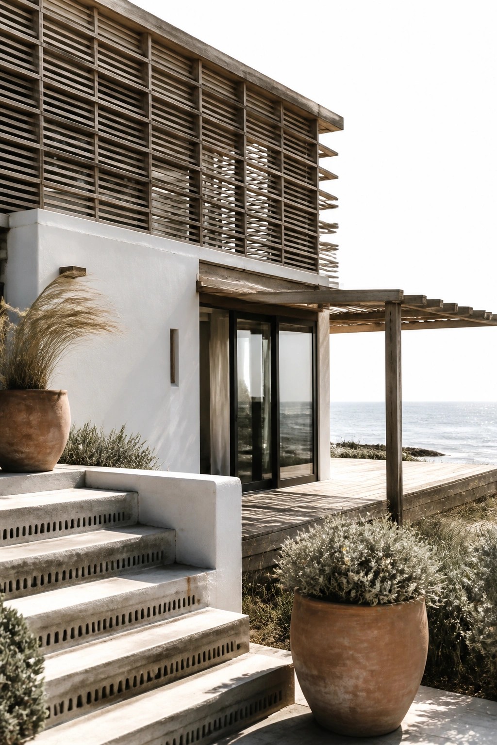 Modern coastal home with wooden deck, stairs, terracotta pots, and ocean view.